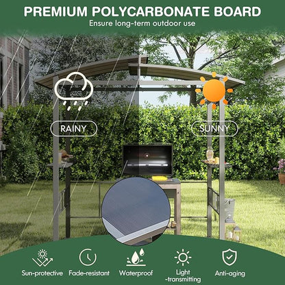 Tangkula 8x5 FT Hardtop Grill Gazebo, Outdoor Double-Tiered Barbecue Canopy with Vented Polycarbonate Roof, 2 Side Shelves, 6 Hooks, Outdoor Grill Shelter for Patio Garden Lawn Deck (Black)
