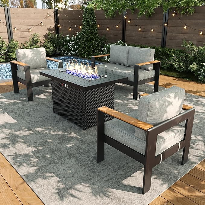 LayinSun 4 Piece Aluminum Outdoor Furniture Set with Fire Pit Table, Outside Patio Deep Seating Conversation Set with Upgraded Washable Thick Cushion