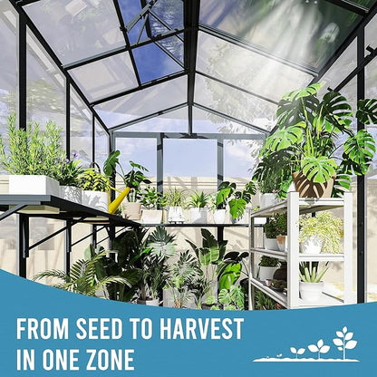 Domi 6.5x8FT Polycarbonate Greenhouse with Automatic Vent, Extra Tall 7.8FT Walk-in Aluminum Frame, Weather-Resistant Green House with Shelves & Hooks for Outdoor Garden, Backyard, Dark Grey