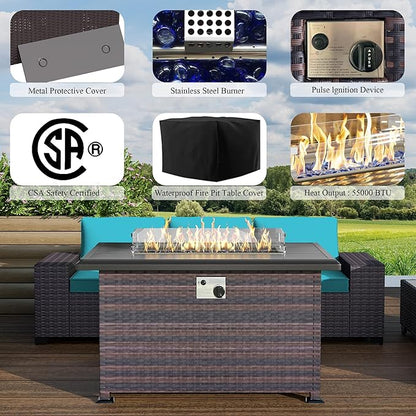 Outdoor Patio Furniture Set with Propane Fire Pit Table, 13 Pieces Outdoor Furniture Patio Sectional Sofa Conversation Sets w/ETL Approved 43" Gas Outdoor Fire Table & Coffee Table Blue.