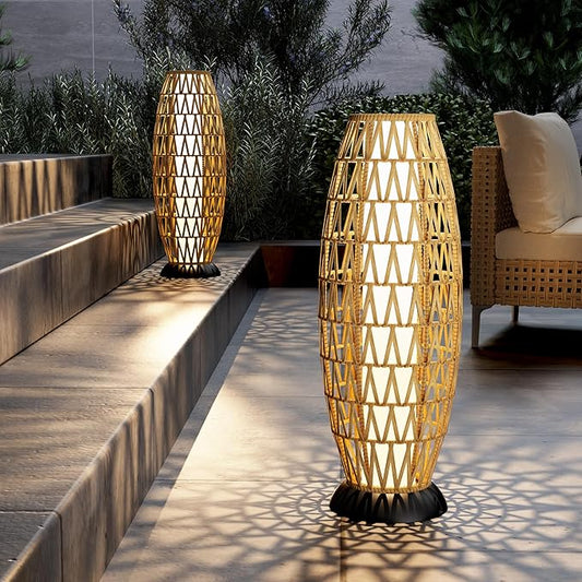 Solar Yard 2-Pack 29" Outdoor Solar-Powered Woven Wicker Boho Lantern Floor Lamp, Decoration for Deck Garden, Pathway, Oslo Natural