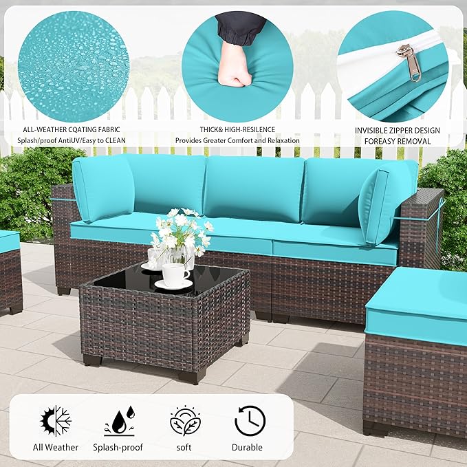 Outdoor Patio Furniture Set, 9 Pieces Outdoor Furniture All Weather Patio Sectional Sofa PE Wicker Modular Conversation Sets with Coffee Table,8 Chairs & Seat Clips(Turquoise Blue)