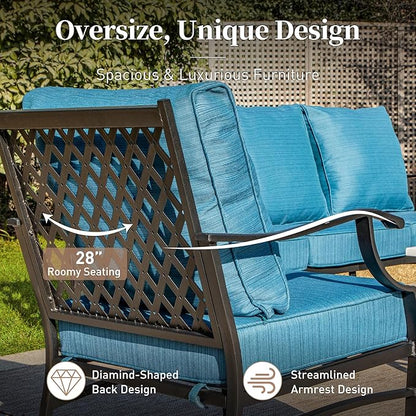 5 Piece Metal Outdoor Patio Furniture Set, Patio Conversation Sets 3-seater Sofa, 2 Fixed Chair, 2 Ottomans with 5.75" Thick Cushion, Black All-weather Frame Backyard Furniture, Blue-2