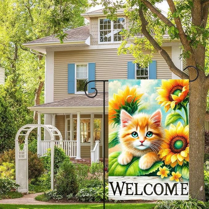 Spring Garden Flag 12x18 Inches Double Sided Cute Cat Welcome Yard Flags Sunflower Summer Seasonal Flower for Outside Decor Home Farmhouse Holiday Decorations