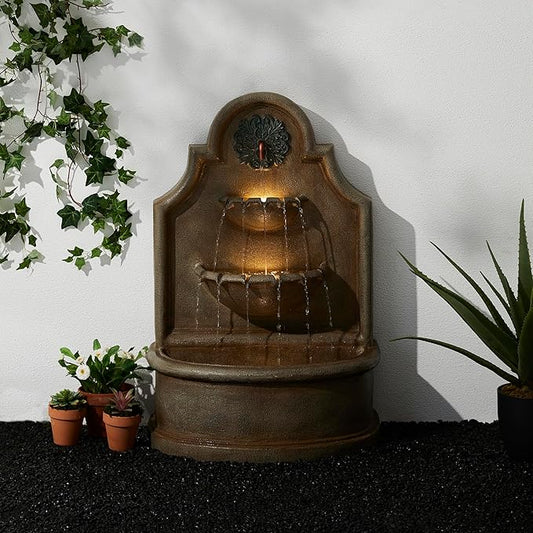 Glitzhome Outdoor Wall Mounted Water Fountain with LED Lights and Pump, Oversized Antique European Style 3-Tier Polyresin Cascading Floor-Standing Fountain for Porch Deck Patio Backyard, 37.25" H
