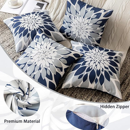 Qahing Pack of 4 Outdoor Waterproof Pillow Covers 24x24 Decorative Outdoor Throw Pillows Garden Square Cushion Cases for Patio Furniture, Couch, Tent Sunbrella, Bench, Navy Blue Grey
