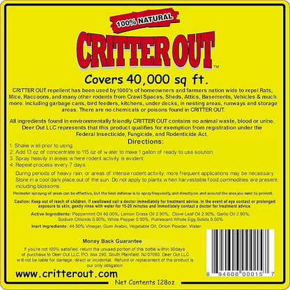 Mouse & Rat Repellent: Peppermint Oil Rodent Repellent, Get Rid of Rats, Mice & Rodents in Your Home & Outside, Protect Engine Wiring, Prevent Nesting, Stops Chewing. Critter Out 1 Gallon Concentrate