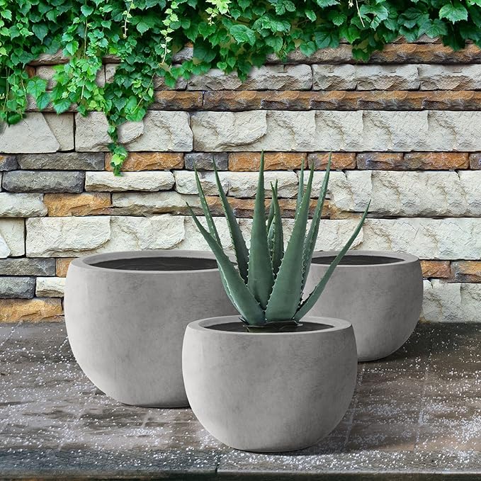 Kante 19.9",15.7",11.8" Dia Round Concrete Planter Set of 3, Outdoor/Indoor Large Bowl Plant Pots with Drainage Hole and Rubber Plug for Garden Patio Balcony Home, Natural Concrete