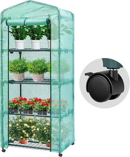 VIVOSUN Mini 4-Tier Greenhouse with Wheels, 27 x 19 x 63-Inch Reusable Portable Warm House with Green PE Cover and Shelf for Compact Garden and Small Backyards, with Wheels