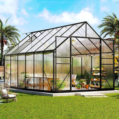 Amerlife 8x11.5x7 FT Polycarbonate Greenhouse for Outdoors, Walk-in Design with Aluminum Frame, 2 Windows and Swing Door, Heavy-Duty Greenhouse Construction for Garden, Black