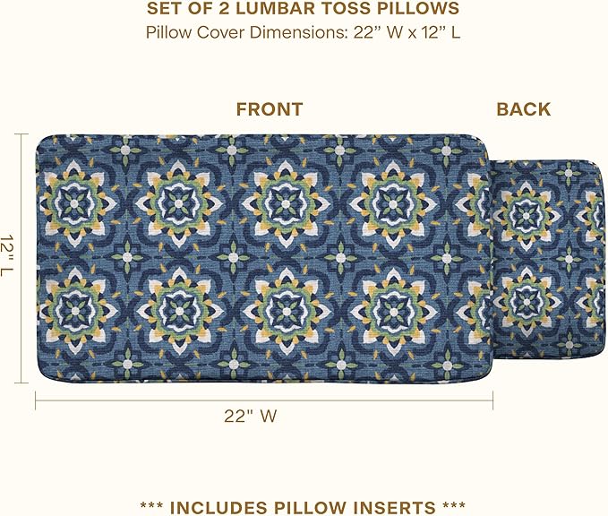 Honeycomb Outdoor Lumbar Toss Pillow Set, 22" W x 12" L, Medina Medallion Blue Lumbar Outdoor Pillows