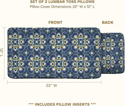 Honeycomb Outdoor Lumbar Toss Pillow Set, 22" W x 12" L, Medina Medallion Blue Lumbar Outdoor Pillows
