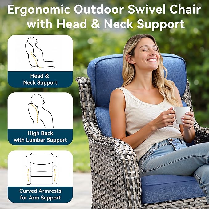 Luxury High Back Outdoor Furniture 6-Inch Thick Cushions with 50,000 BTU Gas Propane Fire Pit Tablet, Patio Furniture Set with Swivel Chairs, for Porch, Balcony, Deck and Yard