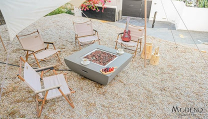 AMS Fireplace | Modeno Westport Package | Light Gray Natural Gas Fire Pit Table for Outside Patio Bundle with Wind Guard, and SS Burner Lid | Free Ice Bucket & Rubber Mat