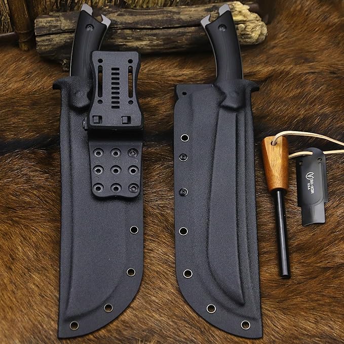 BA-KOR 5MM Full Tang (9CR18MOV) steel 14.1-inch chopping knife+K sheath&5.9-inch cerium igniter can be used for outdoor hunting, camping, obstacle removal, barbecue, fishing, kitchen cutting EDC， Gift giving