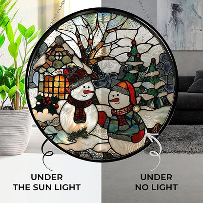 Christmas Snowman Stained Glass Sun Catcher Mountain Stained Glass Window Hanging, Suncatchers Lavender Wall Decor, for Women/Friends/Lover