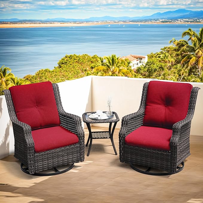 Patio Bistro Set 3 Pieces - Outdoor Swivel Rocker Patio Chair Set of 2 with Matching Tempered Glass Side Table, Cushion Included(Mixed Grey/Red)
