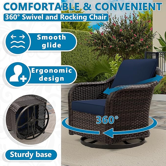 Vista Vibe Outdoor Wicker 360 Degree Swivel Glider Rocker Chairs Set of 2 with Cat Nest Side Table, All-Weather Rattan Patio Conversation Furniture Set with Washable Cushions for Balcony, Yard (Navy)