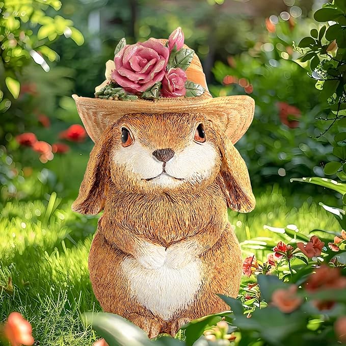 Garden Statues Rabbit with Hat, Bunny Statue Outdoor Decorations for Front Porch Decor Lawn- Yard Art and Garden Decor & Patio Decor, Unique Gardening Gifts for Mom