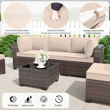 Outdoor Patio Furniture Set, 14 Pieces Outdoor Furniture All Weather Patio Sectional Sofa PE Wicker Modular Conversation Sets with Coffee Table,12 Chairs & Seat Clips(Sand)