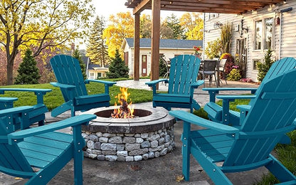 YEFU Adirondack Chairs Set of 8: Outdoor Chair HIPS Plastic Adirondack Chairs - Patio Chairs with Wood Texture - Lawn Fire Pit Deck Porch Garden Chairs for Adults(Pacific Blue)