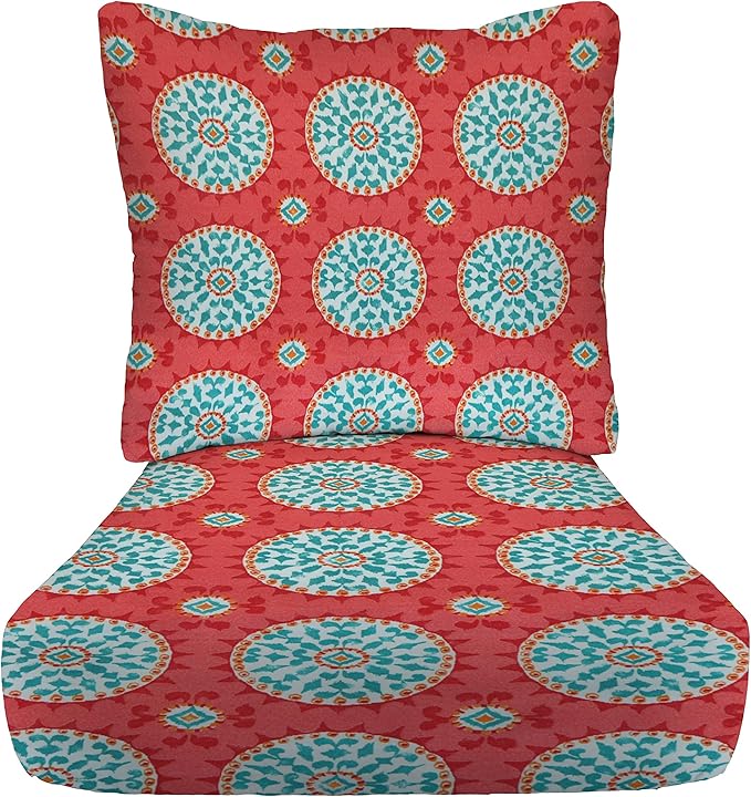 RSH DECOR: Deep Seating Cushion with Pillow Back | 23” x 26” Seat | All-Weather Spun Fabric | Water and Fade-Resistant | Outdoor Chair Cushion Set for Patio Furniture | Watermelon Sundial