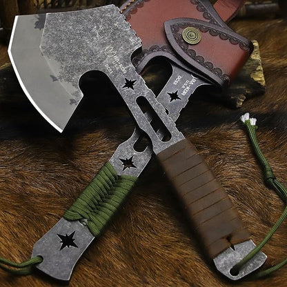 BA-KOR 12.2-inch DC53 Steel 10mm Thick Multi-Functional Survival Axe for Camping, EDC Tool, Jungle Logging Axe + Axe Sheath (5.9in) Cerium igniter