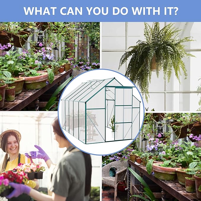 Favfurish 6X10 FT All Season Heavy Duty Walk-in Greenhouses, Outdoor Polycarbonate Plants Green House for Backyard Garden, Sliding Door Raised Base Anchor Aluminum, Green