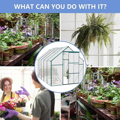Favfurish 6X10 FT All Season Heavy Duty Walk-in Greenhouses, Outdoor Polycarbonate Plants Green House for Backyard Garden, Sliding Door Raised Base Anchor Aluminum, Green