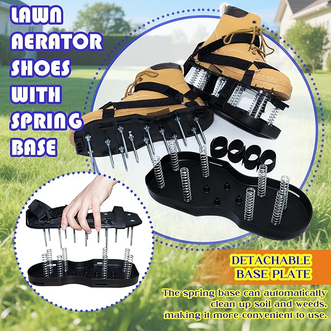 Lawn Aerator Shoes for Grass, Double Layer with Spiked Bottom and Spring Base, Soil Yard Aerator Tool for Aerating Patio Garden with Adjustable Strap, Black