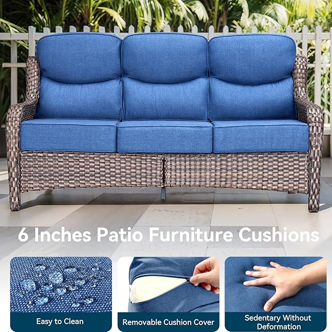 Luxury High Back Outdoor Furniture 6-Inch Thick Cushions with 50,000 BTU Gas Propane Fire Pit Tablet, Patio Furniture Set with Swivel Chairs, for Porch, Balcony, Deck and Yard