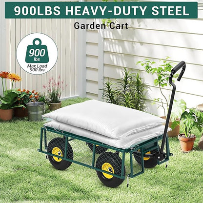 Heavy-Duty Steel Garden Cart, 900 Lb Yard Dump Metal Cart with 4-Side Removable Mesh and All Terrain 10" Tires, Flatbed Convertible Yard Wagon, Green