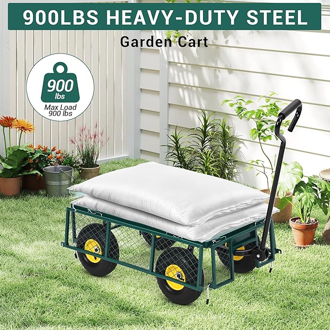 Heavy Duty Garden Cart On Wheels - 880LBS Metal Wagon with 10" Pneumatic Wheels, 180° Rotating Handle & Removable Sides - All-Terrain Yard Wagon for Farm, Beach & Outdoor Use