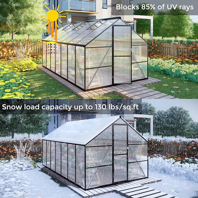 8x12 FT Greenhouses for Outdoors, Polycarbonate Greenhouse with PC Panels, Greenhouses for Outdoors for Yard, Garden, Hobby, Dark Grey