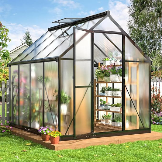 VIWAT 6x7.5 FT Greenhouse for Outdoors, Polycarbonate Greenhouse with Quick Setup Structure and Roof Vent, Aluminum Large Walk-in Green House for Outside Garden Backyard, Black