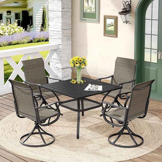 DIFY 5 Pieces Outdoor Patio Dining Set for 4, 37.8" Black Metal Square Dining Table and 4 Brown Textilene Patio Swivel Chairs, Outdoor Table and Chairs