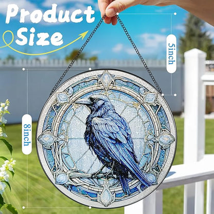 8 Inch Stained Glass Suncatcher Ornament, DOUHASU Crow Sun Catchers Indoor Window, Stained Glass Window Hanging, Home Decor, Bird Lovers Gifts for Women, Men