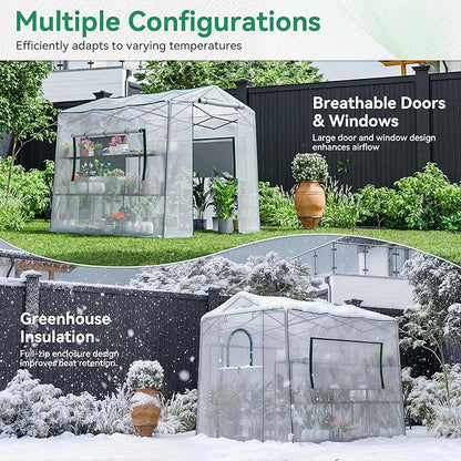 Joyside 8 x 6 FT Outdoor Pop up Greenhouse with Adjutable Reinforced Frame, Durable PE Cover and Mesh Windows, Portable Greenhouse for All Seasons, Easy Set Up (White, 8 x 6 FT)