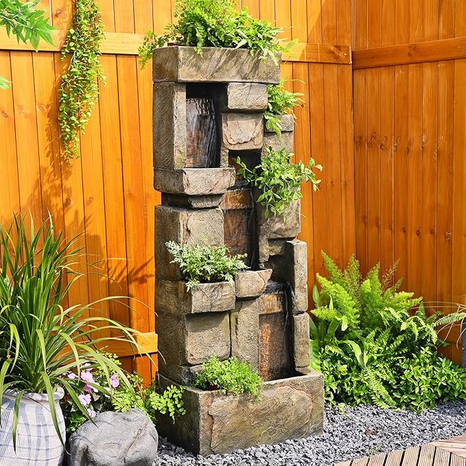 Garden Outdoor Water Fountain, 56.3" H 3-Tiered Imitation Rock Waterfall Fountain with LED Lights and Pumps for Garden, Patio, Backyard, Deck, Porch and Home Art Decor