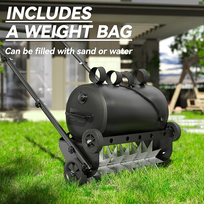 22.5-Inch Lawn Aerator with Weight Bag, Heavy Duty Push Spike Aerator with 4 Wheels, Aerator Lawn Tool with 42.2" Steel Handle, Manual Aerator Lawn Tool with Foam Armrests, for Lawn, Garden and Yard