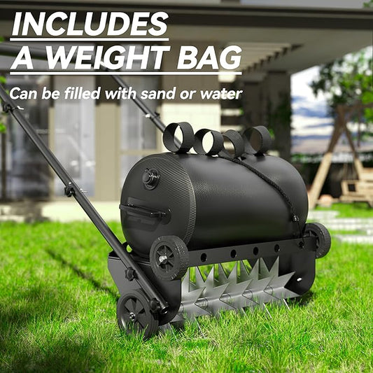 22.5-Inch Lawn Aerator with Weight Bag, Heavy Duty Push Spike Aerator with 4 Wheels, Aerator Lawn Tool with 42.2" Steel Handle, Manual Aerator Lawn Tool with Foam Armrests, for Lawn, Garden and Yard