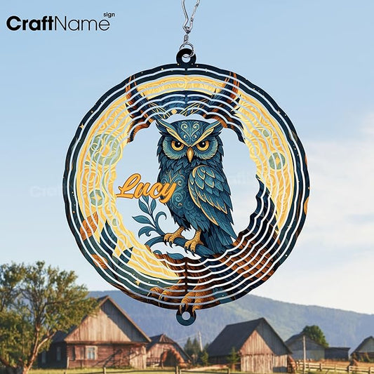 Personalized Owl Wind Spinner 3D Stainless Steel, Owl Garden Spinner Hanging Outdoor Decor, Wind Spinners Outdoor, Custom Gift for Grandmother, Mom, Wife