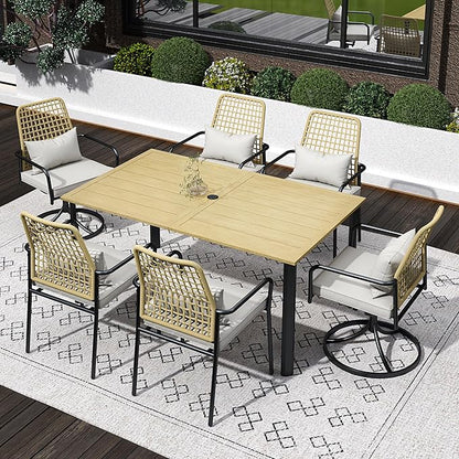 7-Piece Patio Dining Set, 63" Rectangular Table with 4 Stackable and 2 Swivel Rattan Chairs, Gray Cushions
