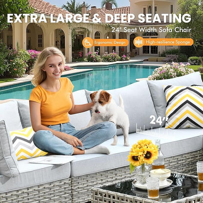 Outdoor Sectional Patio Furniture Set with Swivel Rocking Chairs,10 Pieces Wicker Conversation Sets L Shaped Couch Out Door Sofa Set Outside Furniture for Garden Deck Yard Porch,Grey