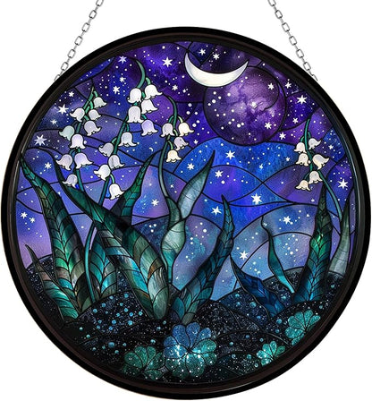 Customized Night Lily of The Valley Stained Glass Window Hanging Sun Catcher Halloween Haning Ornament Decoration Christmas Birthday Gifts for Lover, Friends
