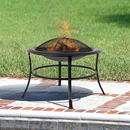 Fire Sense 62237 Fire Pit Tokia Steel Wood Burning Lightweight Portable Outdoor Firepit Rounded Lip & Curved Legs Included Wood Grate & Screen Lift Tool - 30" Round - Black