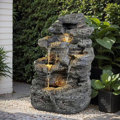 5-Tiered Concrete Tall Slim Fountain, 23.85" H –LED-Lit Column, Space-Saving Modern Outdoor Accent, All-Weather Resistant