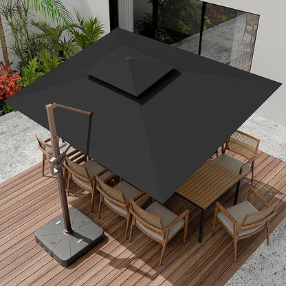 10 X 13 FT Cantilever Outdoor Patio Umbrella with Base Included Large Heavy Duty 360° Rotation Double Top Offset Rectangular Umbrellas with Led Lights for Backyard Outside Deck, Black