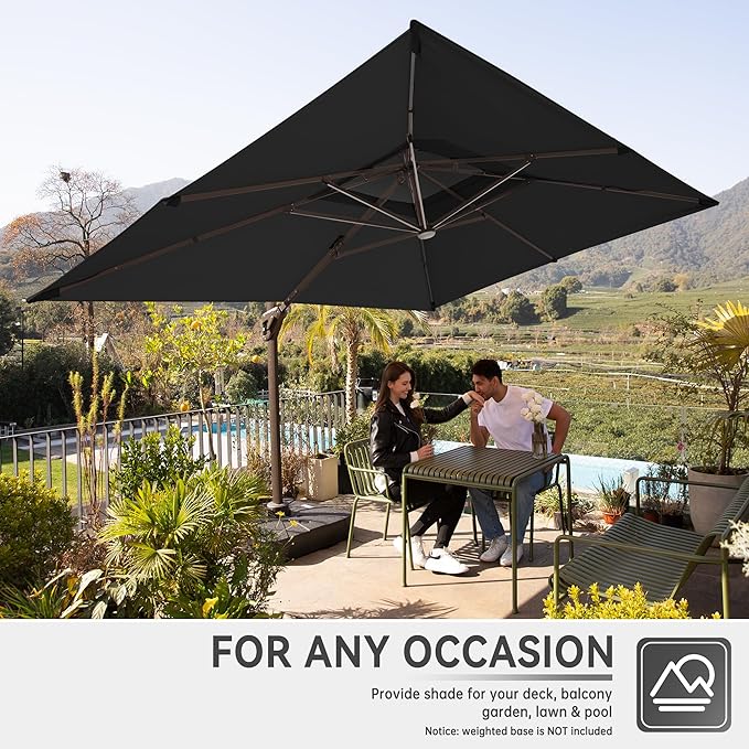 10 X 13 FT Cantilever Outdoor Patio Umbrella with Led Lights Large Heavy Duty 360° Rotation Double Top Offset Rectangular Umbrellas for Backyard Garden Pool Outside Deck, Black