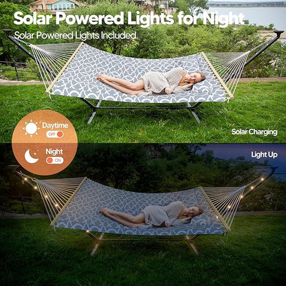 SUNCREAT Hammocks Outdoor 2 Person Hammock with Solar Powered Lights, Double Hammock with 12 ft Stand Included, Light Gray